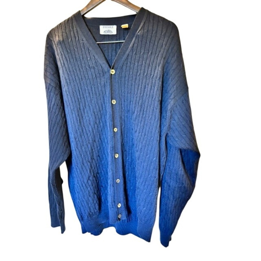 Fiesole Men's XLT Navy Blue Merino Wool Cable Knit V-Neck Cardigan Made in Italy
